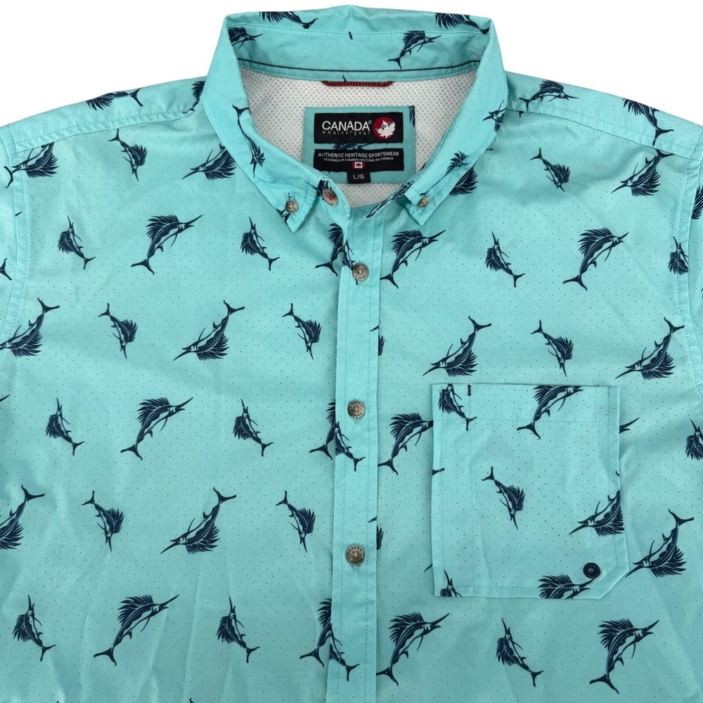 Canada Weathergear Mens Large Marlin Fish Print Button Down Shirt Aqua Turquoise